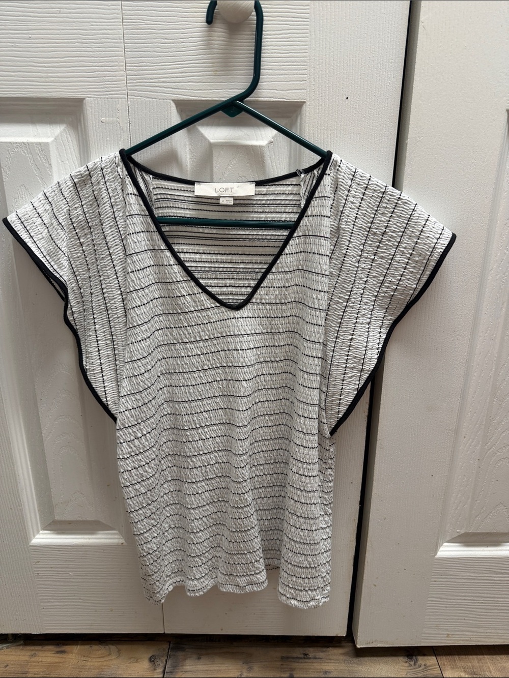 LOFT White Striped V-Neck Flutter Sleeve Top with Black Trim